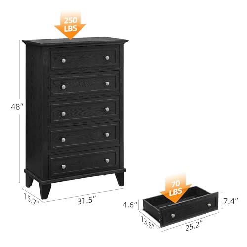 GAOMON Black 5 Drawer Dresser for Bedroom, 48" Tall Wood Dresser & Chests of Drawers with Deep Drawers, Modern Chest Organizer with Metal Handles for Living Room, Hallway, Entryway