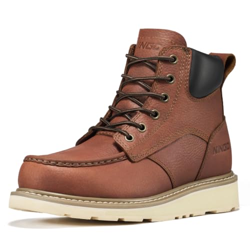 Image of NINGO Soft Toe Work Boots for Men, Moc Toe, Full-Grain Leather, EH Rated | Safety Construction Boots, Goodyear Welt, Wedge Sole, Water Resistant, Oil & Slip Resistant, for Welding, Casual Wear