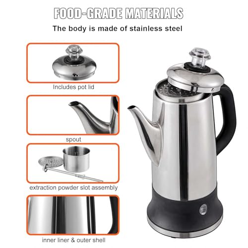 Happybuy 12-Cup Electric Coffee Percolator with Stainless Steel Construction, Heat-Resistant Handle, Keep Warm Feature, Quick Brewing, and Easy-Pour Spout, Silver - Thumbnail 4