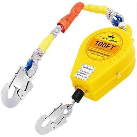 RupXinSplend Fall Arrester Protector Self Retractable 100FT Fall Protection Gear Double Locking, Dual PPE+Alloy Steel housing Heavy Duty Lifeline Safety Lanyard Rope Cable Wire Roofing Construction Cover