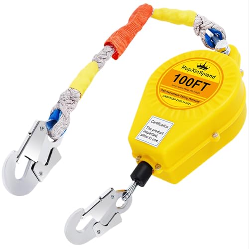 RupXinSplend Fall Arrester Protector Self Retractable 100FT Fall Protection Gear Double Locking, Dual PPE+Alloy Steel housing Heavy Duty Lifeline Safety Lanyard Rope Cable Wire Roofing Construction