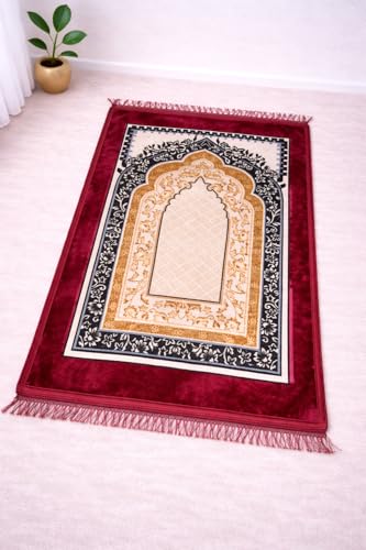 Image of Janamaz Prayer Mat Turkey Soft Velvet | Namaz Mat, Janimaz Namaz Aasan, Islamic Prayer Rug for Salah | 70x110 CM (Printed Red)