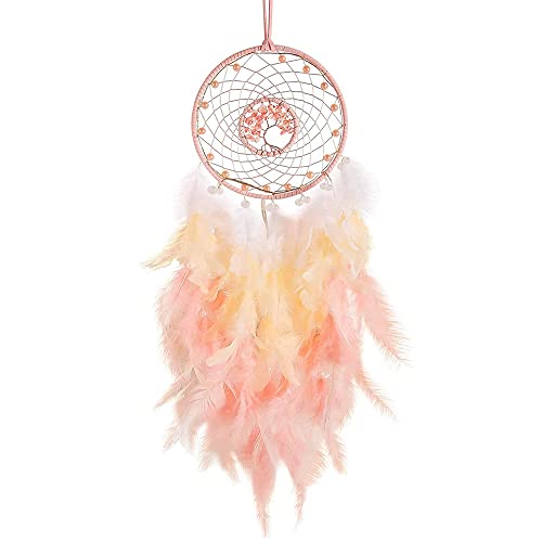 Duontyye Catcher Hanging Ornament Decor Handmade LED Lights Pink Feather Healing Crystals Dreamcatchers for Home Wall Decor