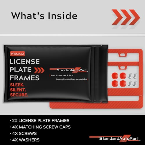 Image of Premium Slim Red Carbon Fiber Design License Plate Frame - 2 Pack, Durable Plastic, Rust-Free, License Plate Protector, Street Legal, Universal with Screw Caps