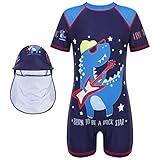 Freebily Jungen Badeanzug Einteiler UV-Schutz Badebekleidung Hai Whale Muster Schwimmanzug Bademode mit Sonnenhut Marineblau_B 134-140