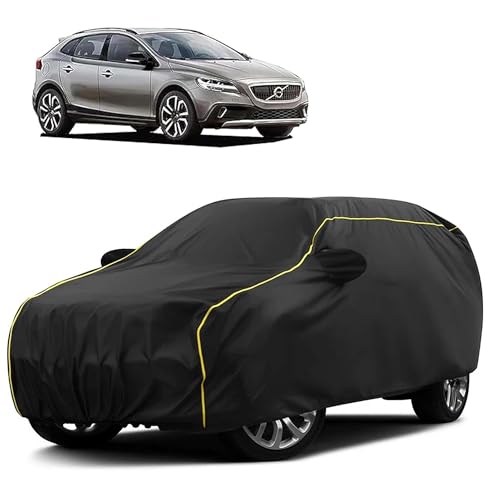 Image of Sulfar 100% Water Resistant Car Body Cover Compatible with Mirror for Volvo V40 (Triple Stitched, Full Bottom Elastic, Black Taffeta with Yellow Piping)