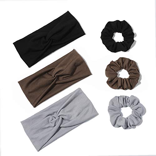 Scrunchies and Wide Hairbands for Women - Soft Satin Elastics Scrunchies Hairbands for Teen Girls Head Wrap Hair Tie Accessories, Non-slip and Breathable (3 Set Black Grey Brown)