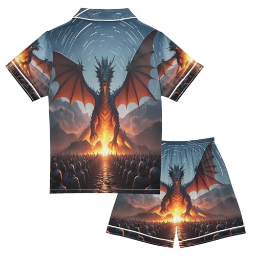 ALAZA Dragon Fire Sunset Satin Pajamas Set Short Sleeve Button Down Sleepwear Summer Pjs 2 Piece2