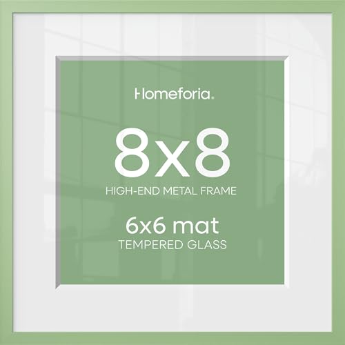 Image of Homeforia 8x8 Green Picture Frame, High-End Metal, 6x6 Mat, Glass | High End Aluminum, Tempered Glass, Acid-Free 6x6 Removable Mat, 8x8 in Edge-to-Edge Display 8x8, Wall Kit, Set Of 1