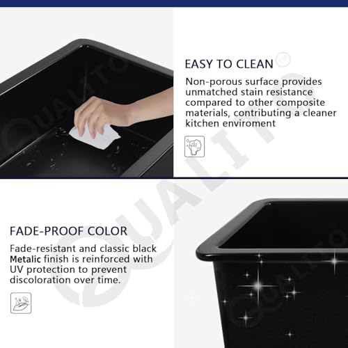 Image of Qualito Granite Quartz Kitchen Sink 31x19 Inch Black | Single Big Bowl Modern Sink | Matt Finish Kitchen Sink with Sink Coupling and Sink Waste Pipe | Sink for Kitchen (31x19 Inch Black)