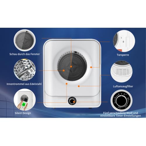Secador de acero inoxidable, montaje en pared, capacidad máxima de 4,5 kg, calefacción de cerámica PTC, pantalla transparente, 5 programas, moderno secador de aire para espacios pequeños
