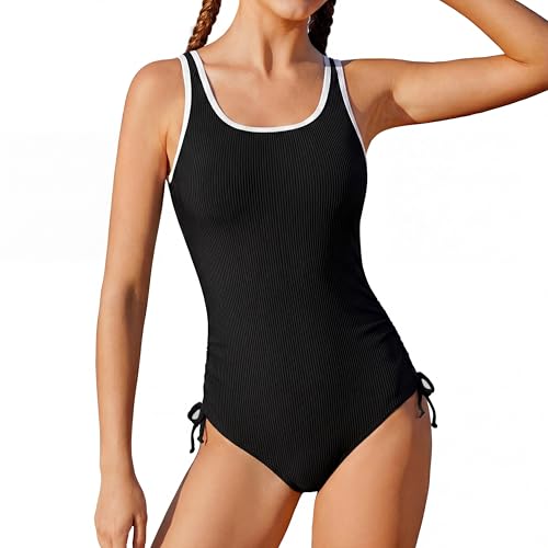 Image of Weixinbuy Girls Swimsuit Ribbed Bathing Suit for Girls Adjustable Strap Color Block Summer Beach One Piece Swimsuit