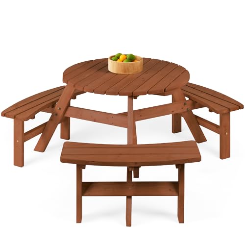 Best Choice Products 6-Person Circular Outdoor Wooden Picnic Table for Patio, Backyard, Garden, DIY w/ 3 Built-in Benches, 500lb Capacity - Acorn