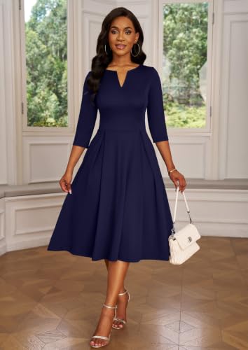 Image of Nmoder Midi Church Dress for Women A-Line Casual Work Dress | Flattering high-waist, 3 /4 sleeve work wedding guest dress with pockets, back zipper for easy on /off