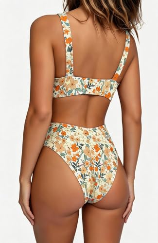 Image of geluboao Bikini Set for Women Solid V Neck Knot Front Push Up High Leg Thong Two Piece Swimsuit