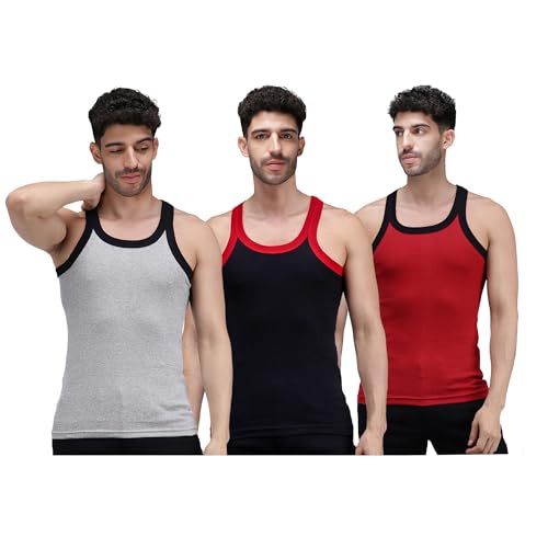 Image of Amul Comfy Men's Pure Cotton Multi Color Gym Vest Pack of 3(Assorted Colour May Vary)
