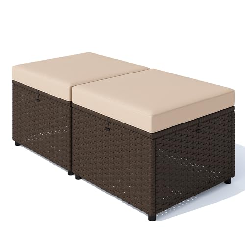Image of HOMREST 3 Piece Patio Rattan Ottomans Set,Outdoor PE Wicker Footstool w /Removable Cushion, Storage Coffee Table & Multipurpose Footrest Stool for Porch, Poolside, Garden, Deck(Khaki)
