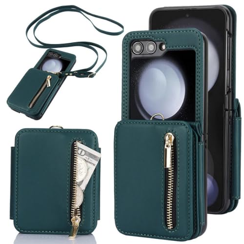 Coque Samsung Z Flip 3 avec cordon et portefeuille zippé vert