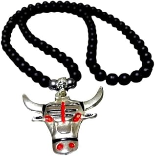 Black Beaded Necklace with Bull Pendant, Silver Metal Charm, Red Accents