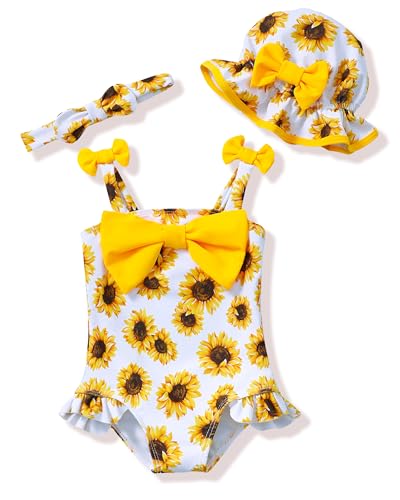 Image of Renotemy Baby Girl Swimsuit Infant Bathing Suit Swimwear Sleeveless Bikini Tankini Toddler Girl One-Piece Swimsuit with Hat