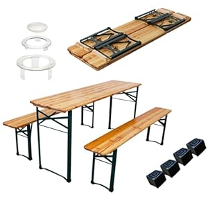 CHEFGASTRO Bierzeltgarnitur klappbar 170 cm breit 3-teilig 1x Tisch mit Schirmhalterung 2X Bierbank, lackiertes Holz inkl. 12x Bodenschoner aus Kunststoff Festzeltgarnitur Gartenmöbel-Set