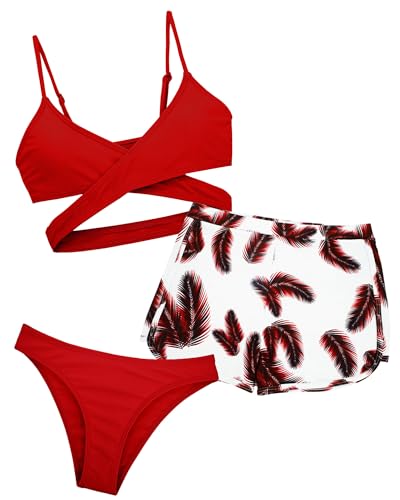 Happy Cherry Girls 3 Piece Swimsuit Set Cute Criss Cross Bikini with Tropical Print Shorts Bathing Suit 8-14 Years