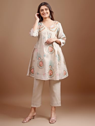 Womanista Women's Beige Colour Linen Multi Thread Embroidery Flared Tunic With Trouser Coord Set(Co-Ords_9102_S)