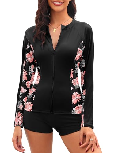 Tuopuda Camiseta de natación para Mujer Traje de baño de Manga Larga con Cremallera Camiseta de Surf Protección Solar Surf Rashguard Camisetas Deportivas de Secado Rápido(Negro-3,XXL)