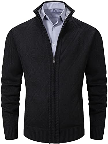 VtuAOL Men's Cardigan Sweater Warm Soft Knit Full Zip Sweater Outdoor Coats for Men Black US XL