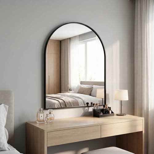 Image of BEAUTYPEAK 26 inchx28 inch Arch Bathroom Mirror, Wall Mounted Vanity Metal Frame Mirror for Bedroom, Entryway, Living Room, Black