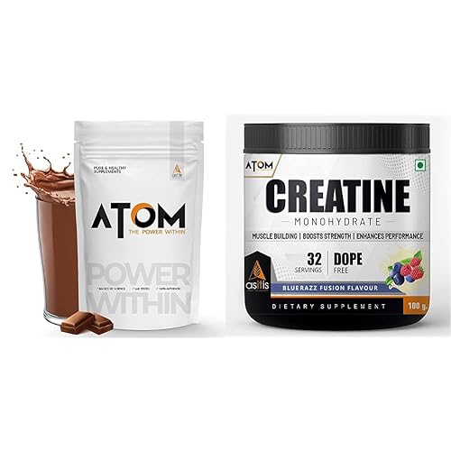 Image of Asitis Nutrition Atom Whey Protein 1Kg With Digestive Enzymes| Double Rich Chocolate Flavor | 27G Protein | 5.7G Bcaa & Atom Creatine Monohydrate 100G - 32 Servings | Blue Razz Flavour Combo
