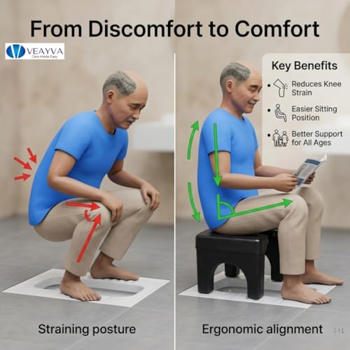 Image of Veayva Indian Squat Toilet Seat - Enhances Comfort for Prolonged Use and Improved Bowel Health | Comfort & Health Benefits | Ergonomic, Portable Toilet Seat for Adults, Kids, Elderly, Handicap (BLACK)
