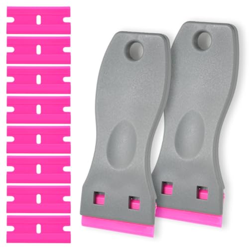 2-Pack Grey Non-Scratch Plastic Scrapers, 8 Pink Replacement Razor Blades, Adhesive Sticker Decal Remover, House & Car Cleaning Tool for Glass, Cooktop, Oven, Stove, Remove Stain, Dirt, Paint, Glue