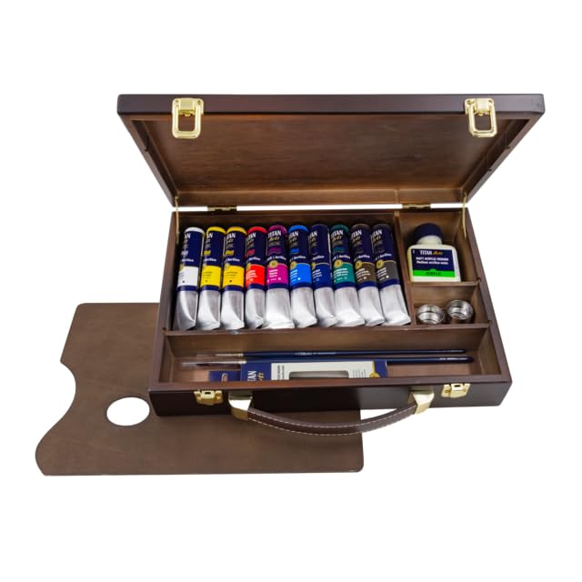 Titan Arts Extra Fine farby akrylowe w drewnianej skrzynce I tubka 10 x 60 ml, z akcesoriami