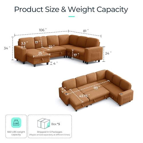 Image of LINSY HOME Sectional Sleeper Sofa with Pull Out Couch Bed - Convertible Plush Corduroy Cloud Couch with Storage Chaise & USB Charging, Comfy Modular Couches for Living Room, Brown