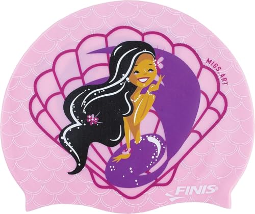 FINIS Mermaid Kids Swim Cap - 100% Silicone - Fun Prints - Universal Fit - Chlorine Protection - Seashell