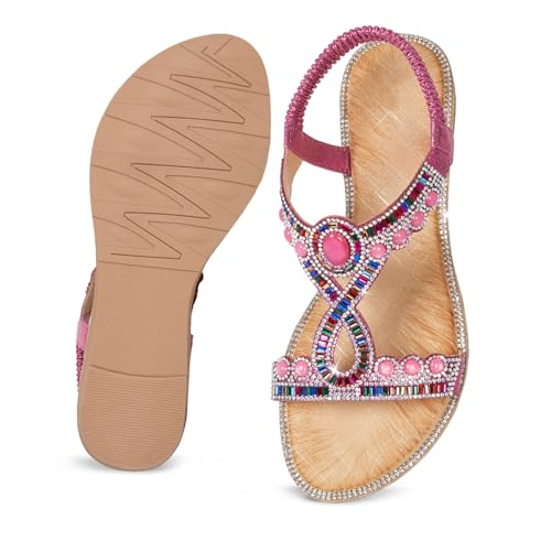 Image of iCKER Womens Rhinestone Strappy Flat Sandals Elastic Ankle Strap Open‑Toe | Sparkling,for wedding,party,evening dates,special occasion,Vacation,Formal