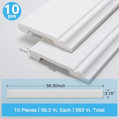 Image of Art3d High-Impact Baseboard Molding Trim, 56.3 x 3.2 Inch, 10-Pack, White