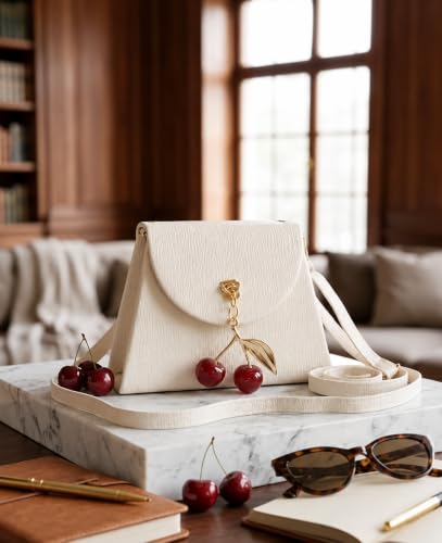 Image of KBR Mini Sling Bag for Girls, Cute Small PU Leather Crossbody Purse with Cherry Pendant Charm, Adjustable Strap, Magnetic Flap Closure, Kids Fashion Bag (Cream White)