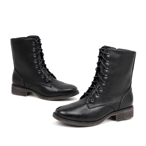 VJH confort Women's Mid Calf Boots Lace-up Military Combat Low Heel Booties with Zipper4