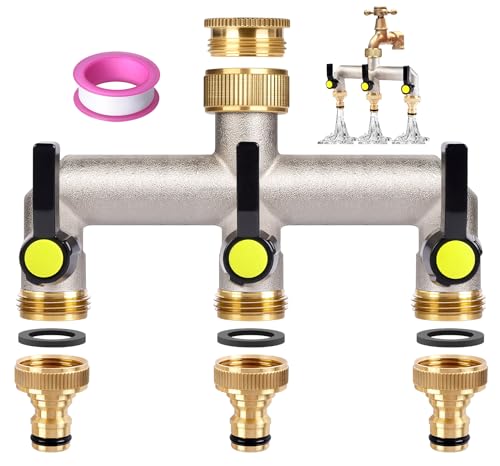 almaio 3 Wege Verteiler Wasser 3/4 Zoll Messing, Wasseranschluss Verteiler, 3 Stück 3/4' auf 1/2' Adapter, Gartenschlauch Verteiler Kompatibel mit DREI Geräten Oder DREI Wasserrohren, für Garten