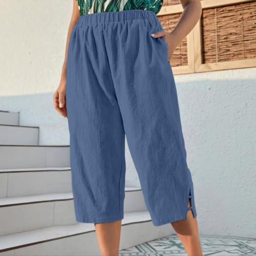 Pantalon capri d'été léger pour femme en coton lin 3/4 - 3