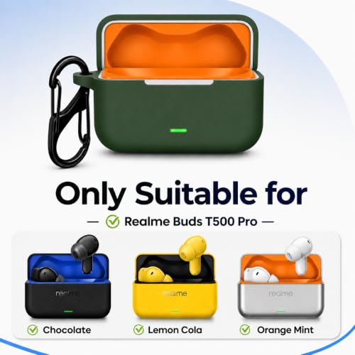 Image of Silicone Case for Realme Buds T500 Pro TWS Earbuds | Shockproof 360 Protective Cover | Heavy-Duty Carabiner Clip | LED Visible | Soft Anti-Slip & Lightweight Case (Green)