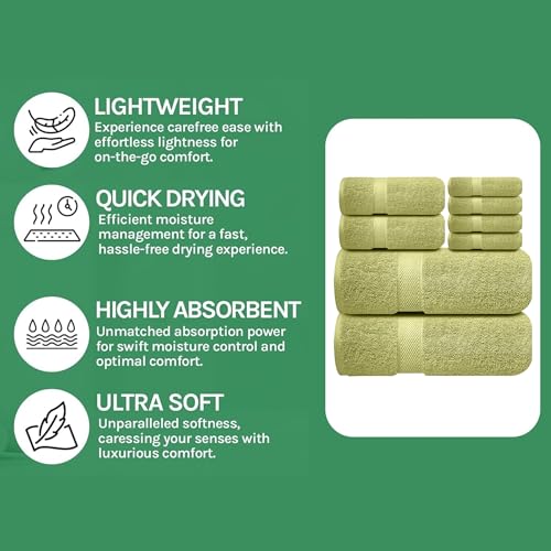 Image of Sulfar 100% Combed Cotton, 8 Pcs Towel Set - 2 Bath Towels (70 x 140 cm), 2 Hand Towels (40 x 70 cm) and 4 Face Towel (30 x 30 cm) (600 GSM, Pack of 8) Misty Green