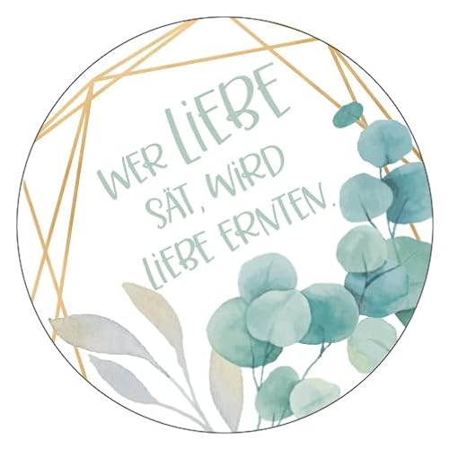 48 x Aufkleber Blumensamen - Wer Liebe sät - 40 mm, Design Eukalyptus 19050540, Sticker geeignet für Hochzeit Gastgeschenk Taufe Kommunion Geburtstag Feste Geschenke Cover