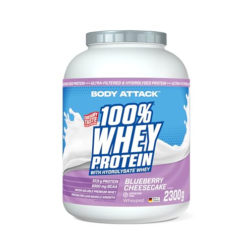Body Attack 100% Whey Protein - Blueberry Cheesecake - 2,3 kg - Made in Germany - Extra cremiges Eiweißpulver mit Hydrolysat & BCAA´s, unterstützt Muskelaufbau und Diäten - Für Sportler & Athleten