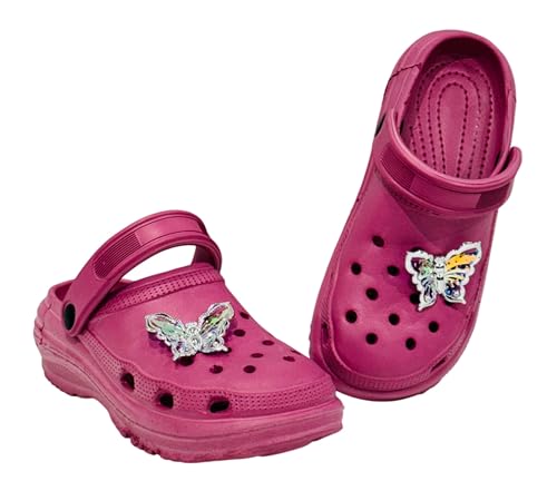 Image of Girls' Clog Sandals with Butterfly Charms - Lightweight, Waterproof, Slip-On Summer Shoes with Adjustable Heel Strap