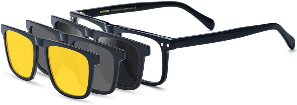HEPIDEM Acetate Optical Glasses Frame Square Magnet Clip Eyeglasses with Polarized & Night Vision & 3D Lens