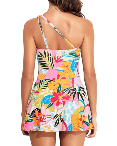 Image of Daci One Piece Swimsuit with Skirt Tummy Control One Shoulder Swim Dress | Skirted Bottom,Adjustable Shoulder Straps