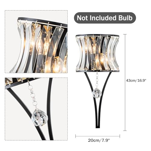 Image of Crystal Wall Sconces Set of Two, 2-Light Black Sconces Wall Decor Set of 2, Modern Bathroom Wall Light Bedside Wall Lamps Luxury Glass Sconces Wall Lighting for Living Room Bedroom Hallway